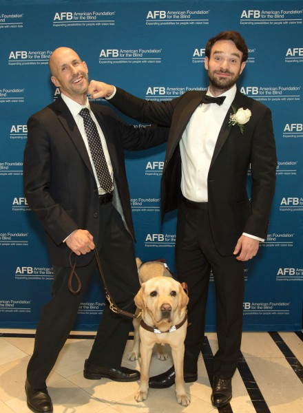 Ben Asen Event Photo: Actor, Charlie Cox, star of TV show Dare Devil with guide dog and dog trainer at The American foundation for the Blind Hellen Keller Wards