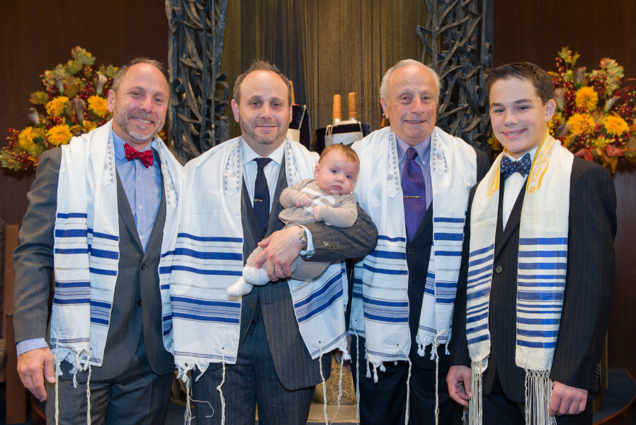 Ben Asen Celebration Photo: Bar Mitzvah boy with father, grandfather, Uncle and baby cousin in synagogue