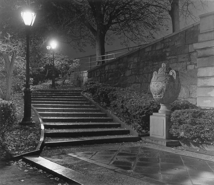 Ben Asen Personal Work Photo: Black and white photo at entrance steps to Central Park Reservoir in New York City at night.