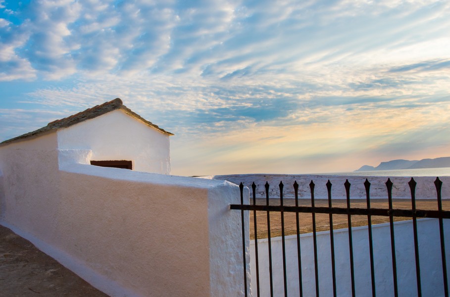Ben Asen Personal Work Photo: color photo of a small white building at sunrise on Skopelos, Greece