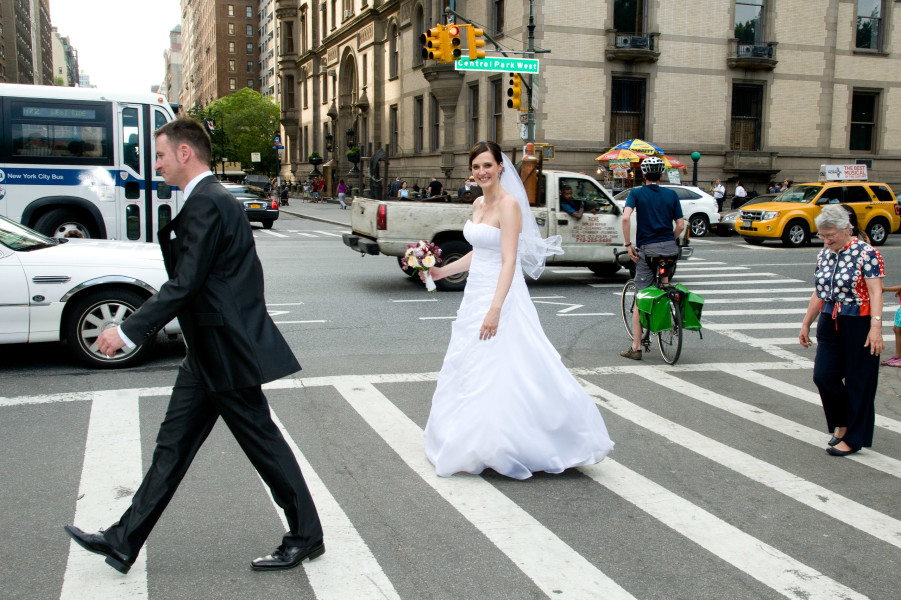 Ben Asen Celebrations Photo: Wedding, bride and groom walking like the Beatles on Abbey Road record album cover in New york city